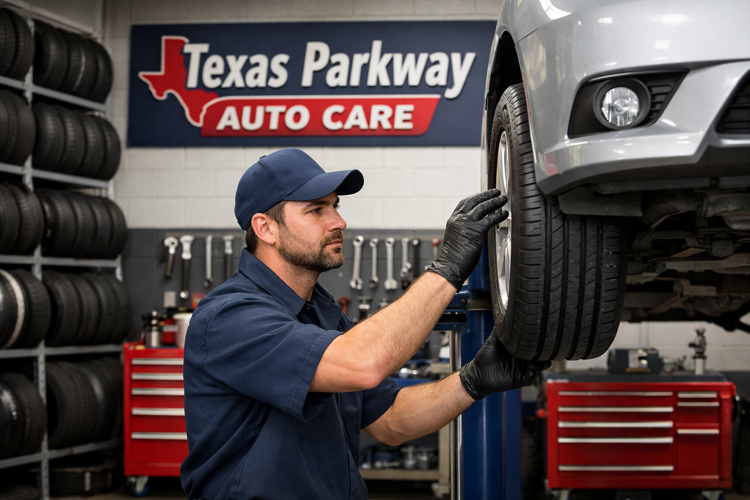 Mechanic inspecting car tire at Texas Parkway Auto Care tire shop in Stafford TX