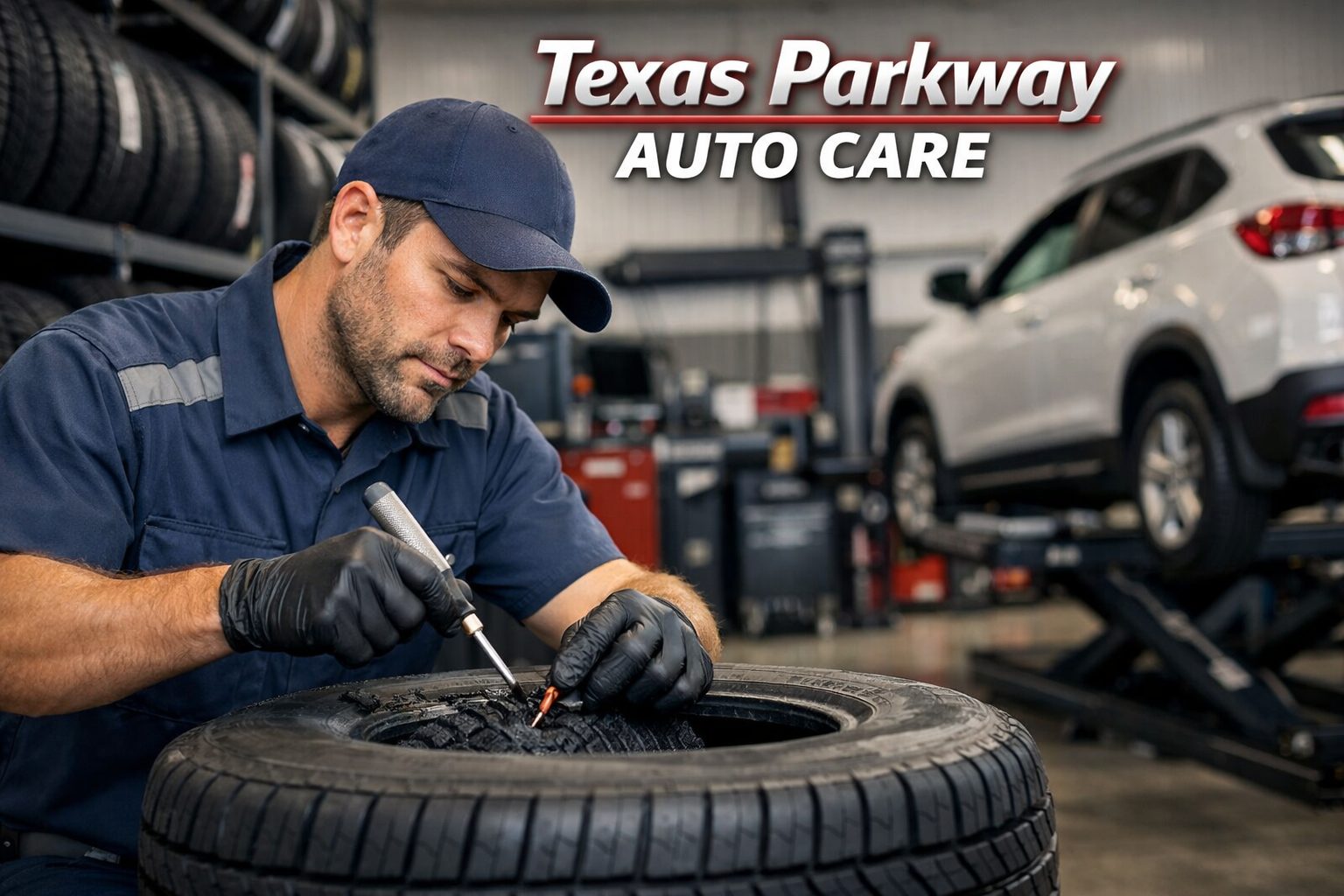Tire repair service at Texas Parkway Auto Care tire shop Stafford TX