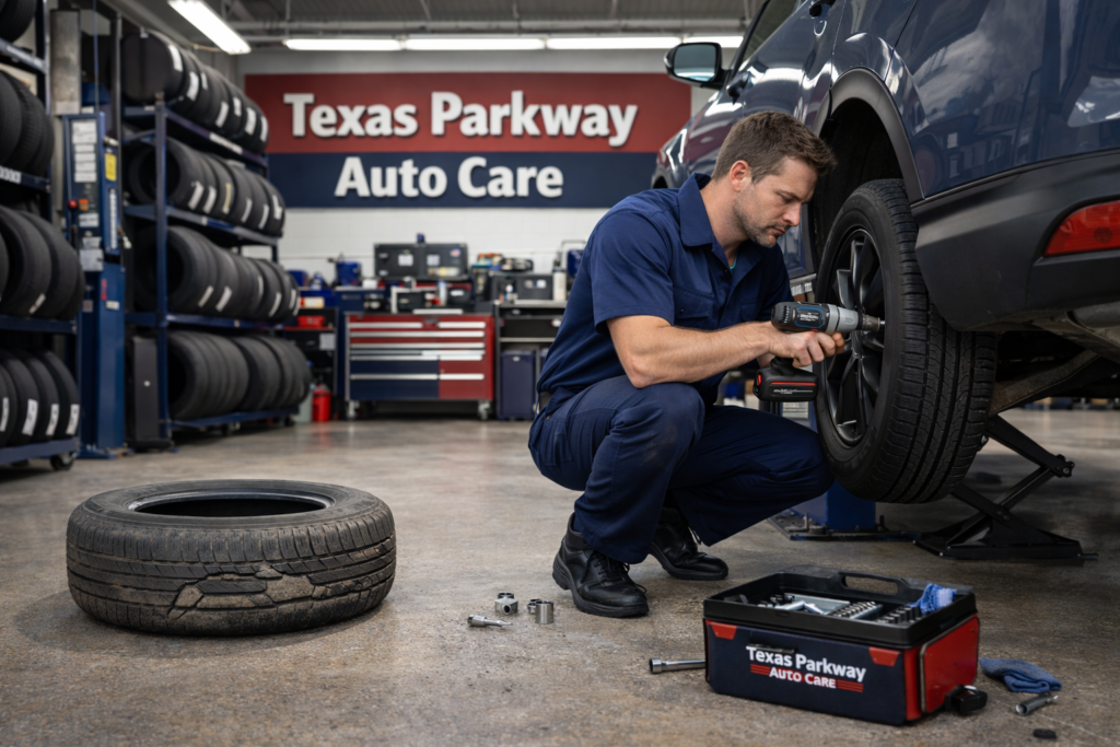 Flat tire repair service at Texas Parkway Auto Care tire shop in Stafford TX
