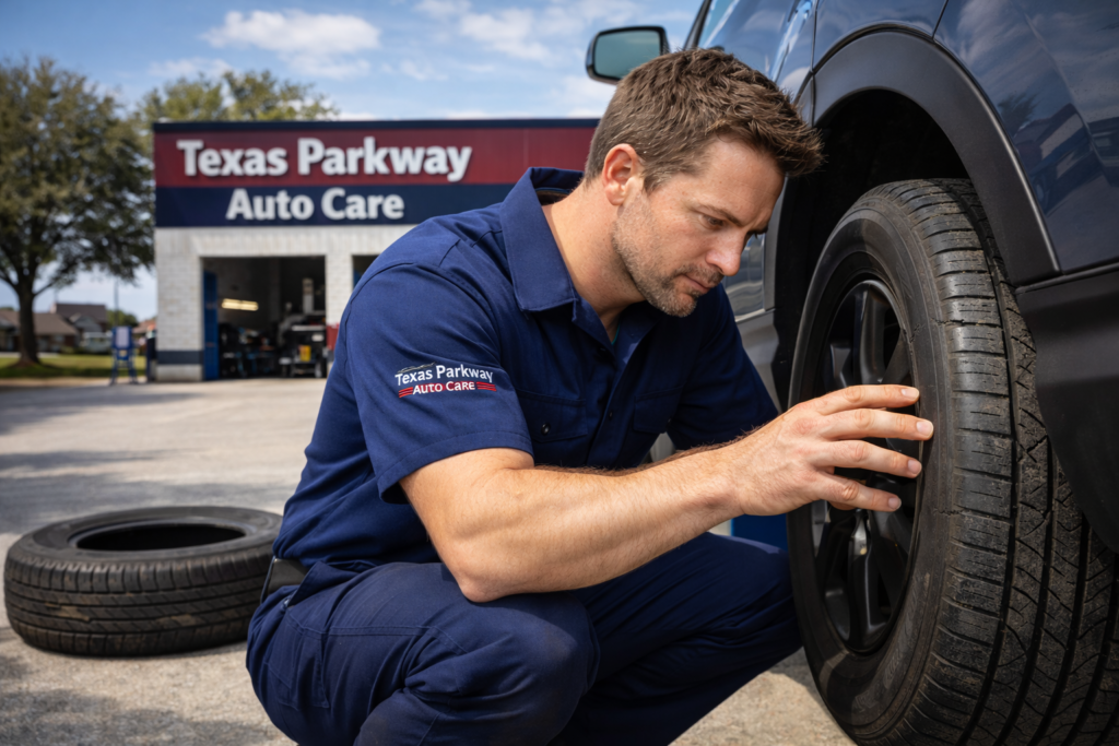 Mechanic inspecting tires in extreme Texas heat at Texas Parkway Auto Care tire shop in Stafford TX