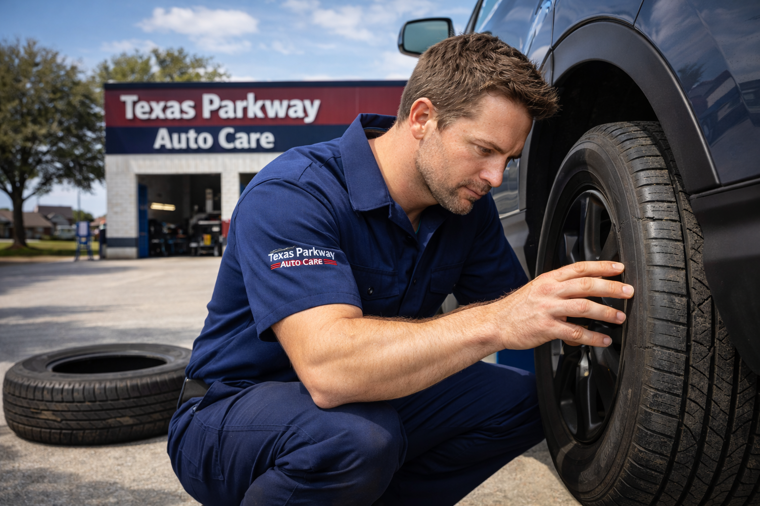 Mechanic inspecting tires in extreme Texas heat at Texas Parkway Auto Care tire shop in Stafford TX