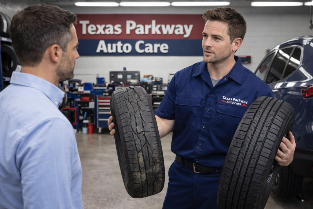 Mechanic explaining tire repair vs tire replacement at Texas Parkway Auto Care tire shop in Stafford TX
