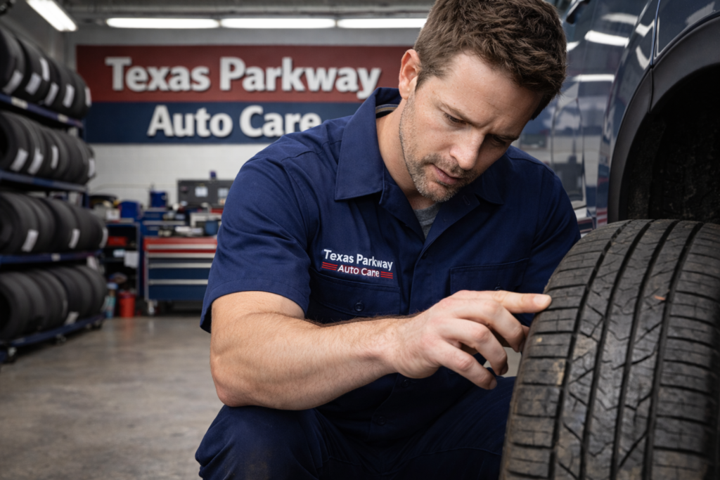 Mechanic inspecting worn out car tire for safety at Texas Parkway Auto Care tire shop in Stafford TX