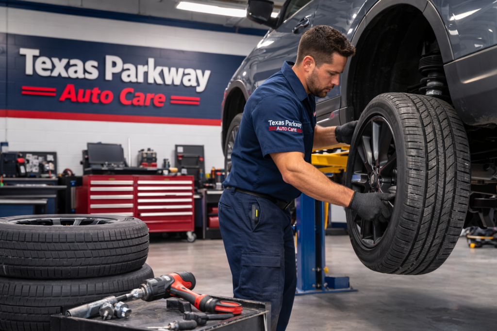 Mechanic rotating car tires at Texas Parkway Auto Care tire shop in Stafford TX