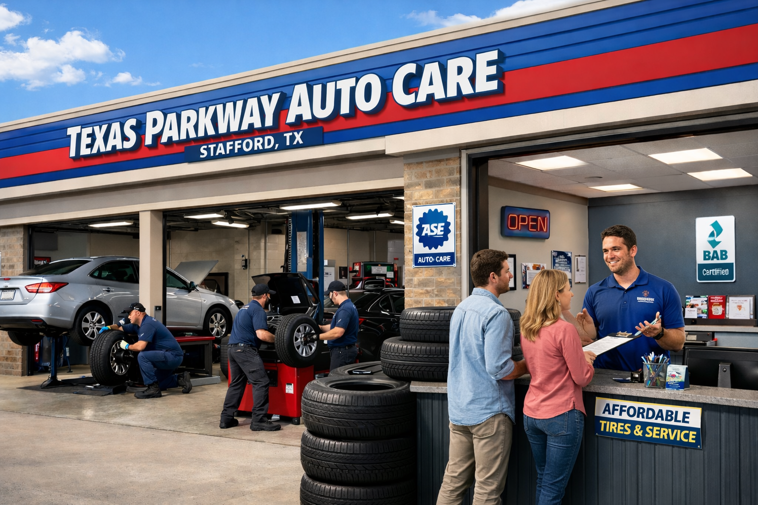 Exterior of Texas Parkway Auto Care tire shop in Stafford TX with technicians replacing tires and a customer at the service counter.