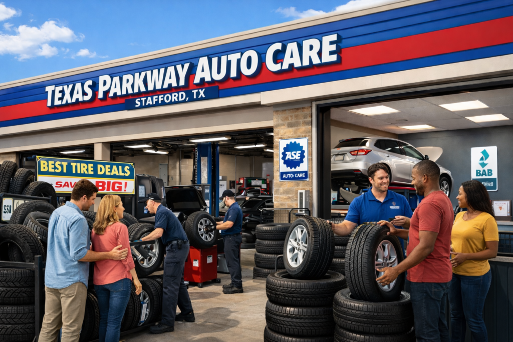 Exterior of Texas Parkway Auto Care tire shop in Stafford TX with customers checking tire deals and technicians installing tires.
