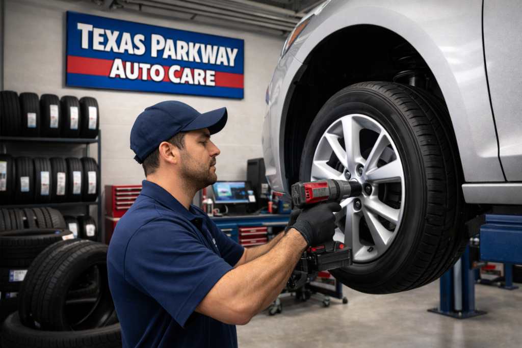 Professional mechanic fixing car tire at Texas Parkway Auto Care auto repair shop in Stafford TX