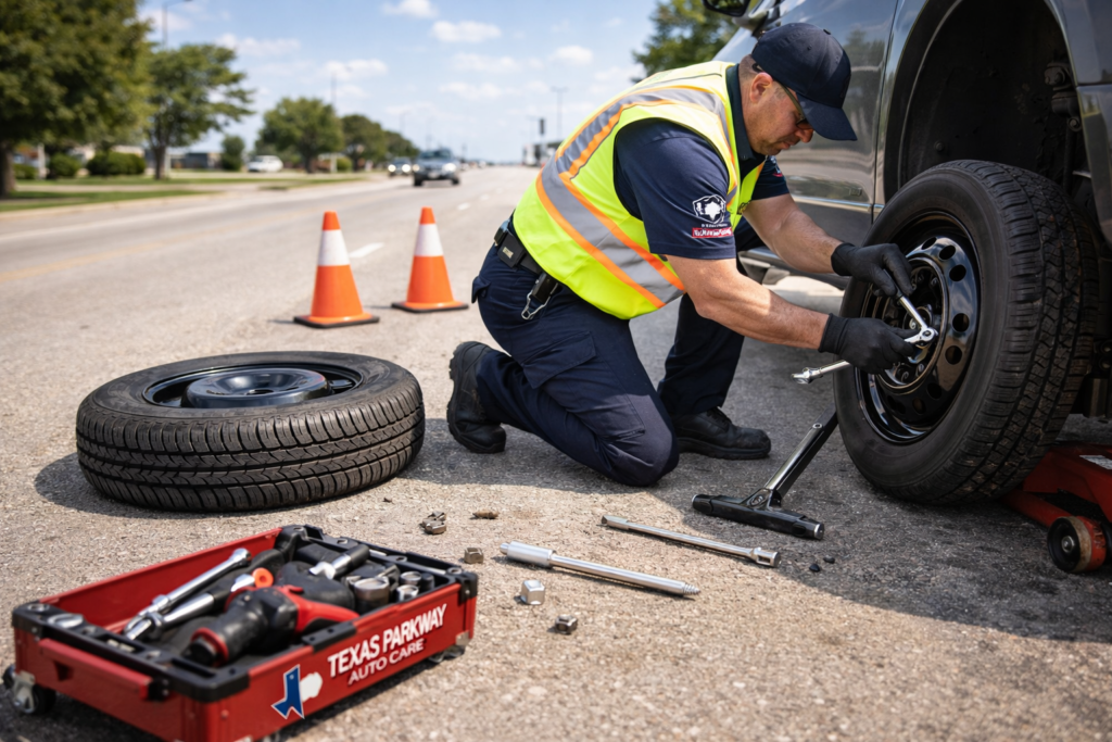 Mechanic fixing a flat car tire on the roadside in Stafford TX using a car jack and lug wrench, with safety cones and spare tire visible