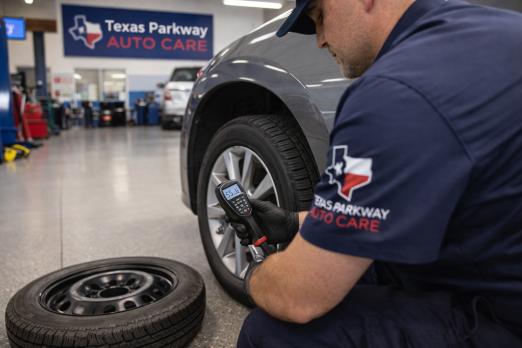 Technician checking tire pressure with a digital gauge at Texas Parkway Auto Care in Stafford TX