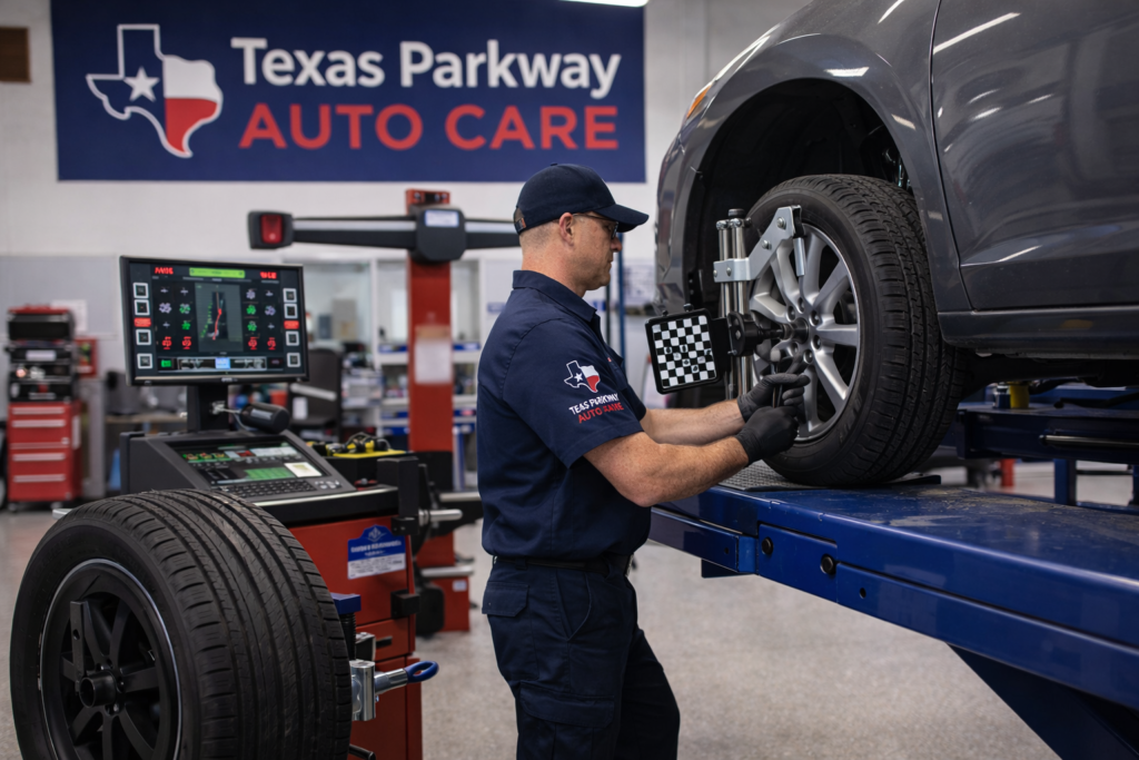 Mechanic performing tire balancing and wheel alignment at Texas Parkway Auto Care in Stafford TX