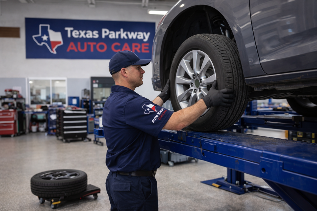 Technician performing tire rotation at Texas Parkway Auto Care in Stafford TX