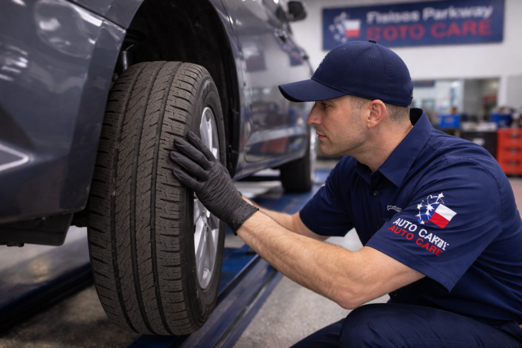 Uneven tire wear inspection at Texas Parkway Auto Care in Stafford TX