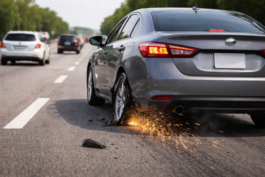 Tire blowout on highway causing vehicle safety issues at high speed