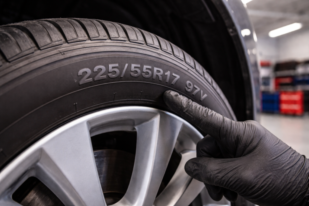Car tire showing proper size marking on the sidewall at Texas Parkway Auto Care in Stafford TX