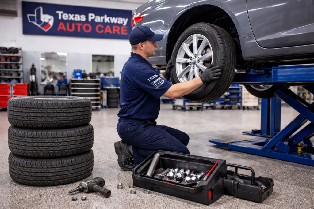 Technician replacing car tires at Texas Parkway Auto Care in Stafford TX