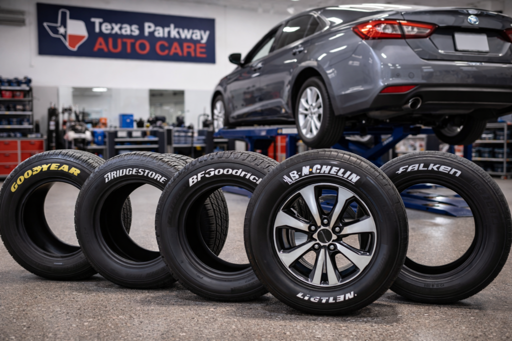 Selection of top tire brands on display at Texas Parkway Auto Care in Stafford TX