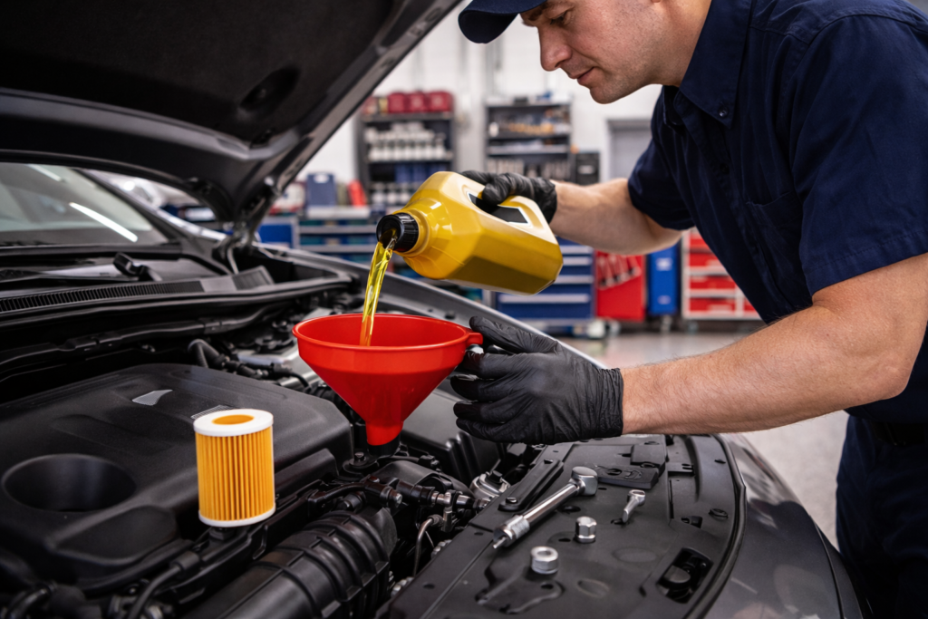 Mechanic performing engine oil change on a car at Texas Parkway Auto Care in Stafford TX