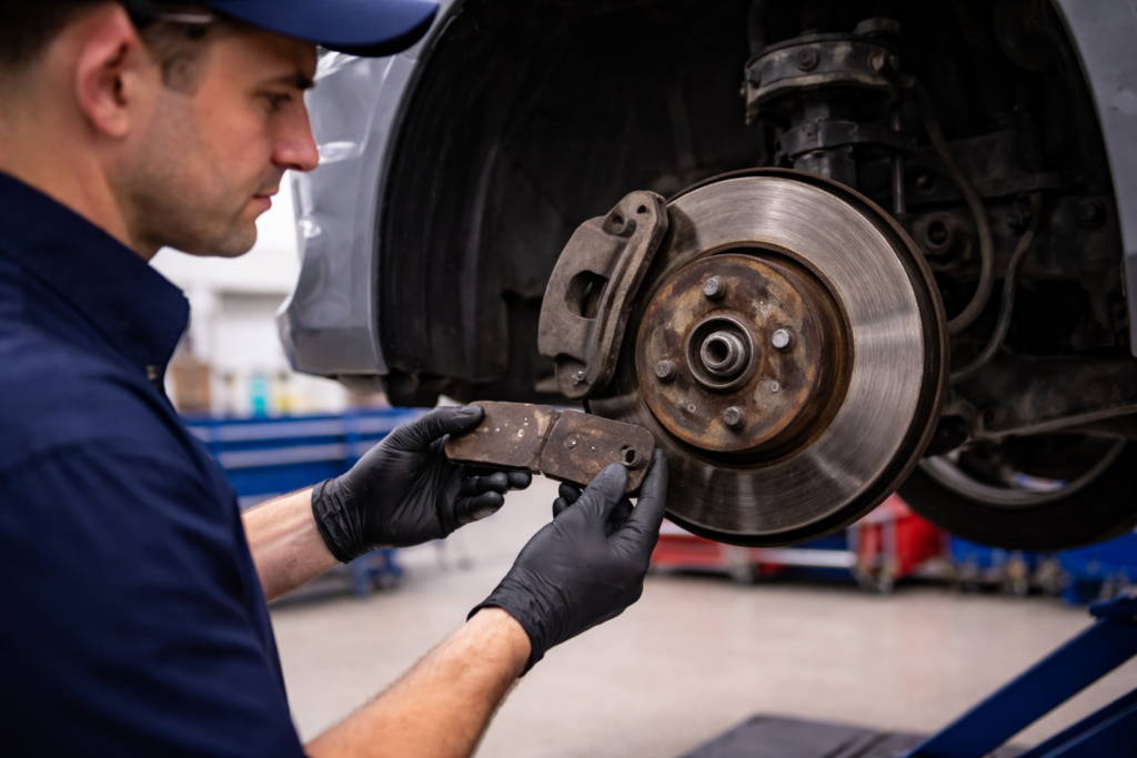 Brake inspection showing worn brake pads at Texas Parkway Auto Care in Stafford TX