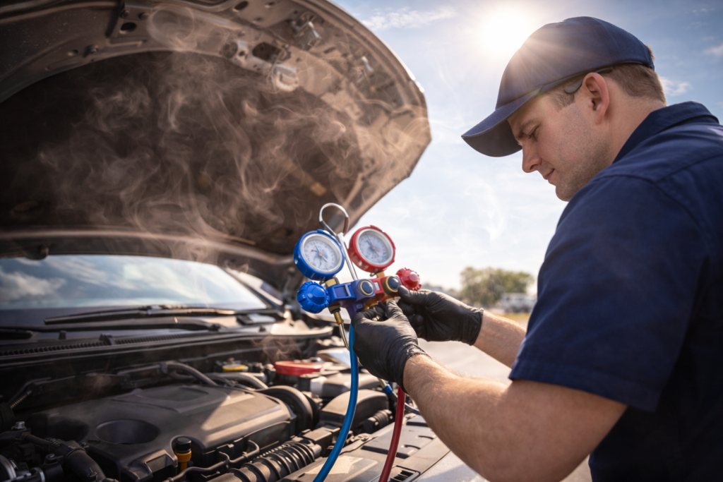 A mechanic inspecting a car’s AC system with the hood open, bright Texas sun in the background, showing heat waves around the car.
