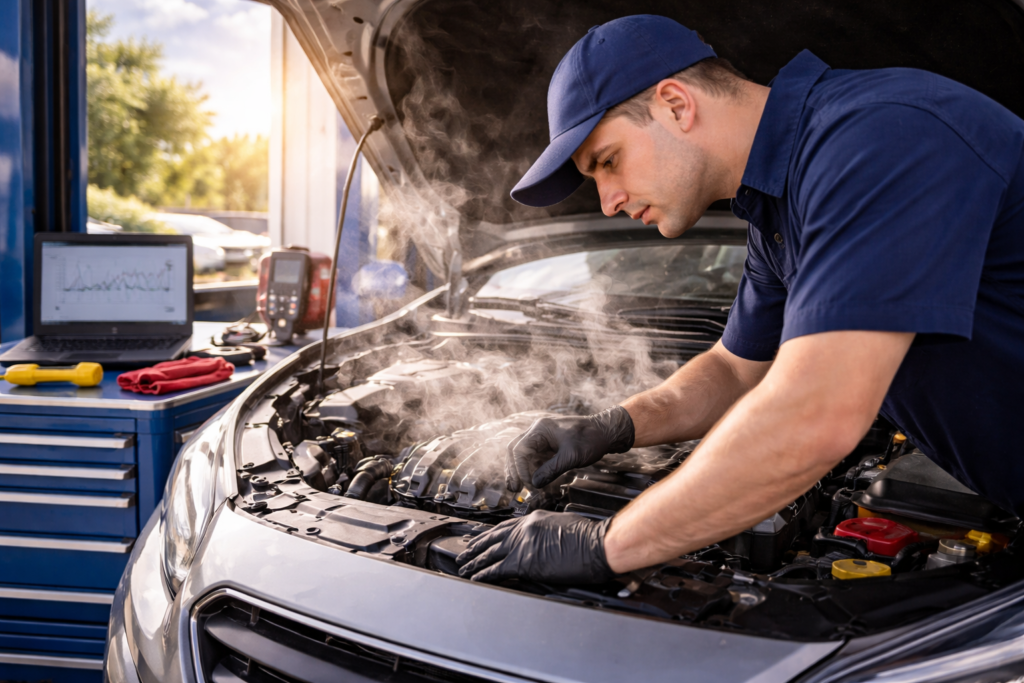 Mechanic checking an overheating car engine at Texas Parkway Auto Care in Stafford TX