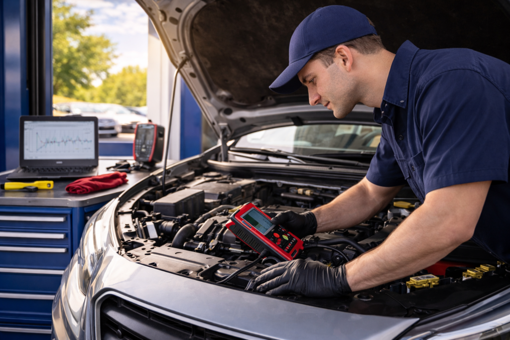 Mechanic inspecting a car engine with diagnostic tools in a professional garage, Stafford TX.