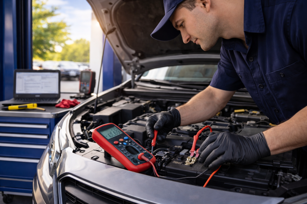 A mechanic testing a car battery with a multimeter under the hood in a well-lit garage, clear focus on battery and cables, realistic automotive scene