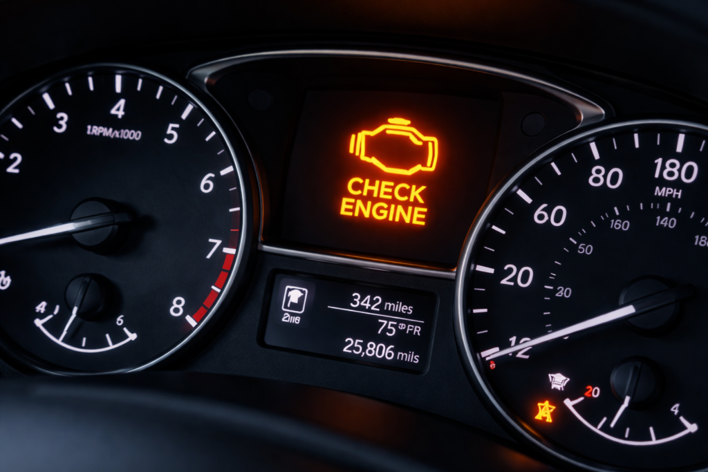 Car dashboard showing check engine light warning illuminated