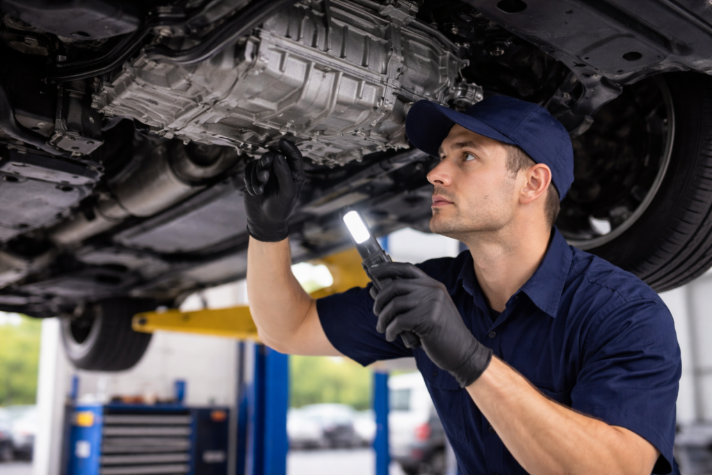 Mechanic inspecting car transmission system under vehicle in garage