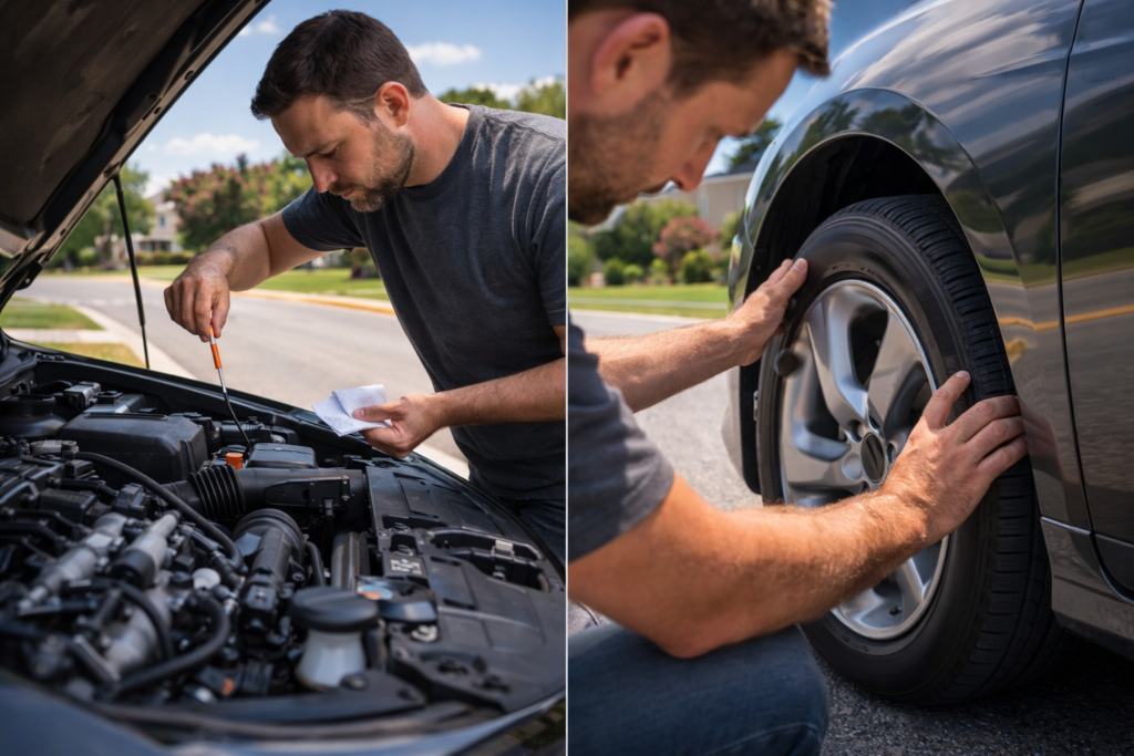 Car maintenance checklist for drivers inspecting engine and tires in Stafford TX