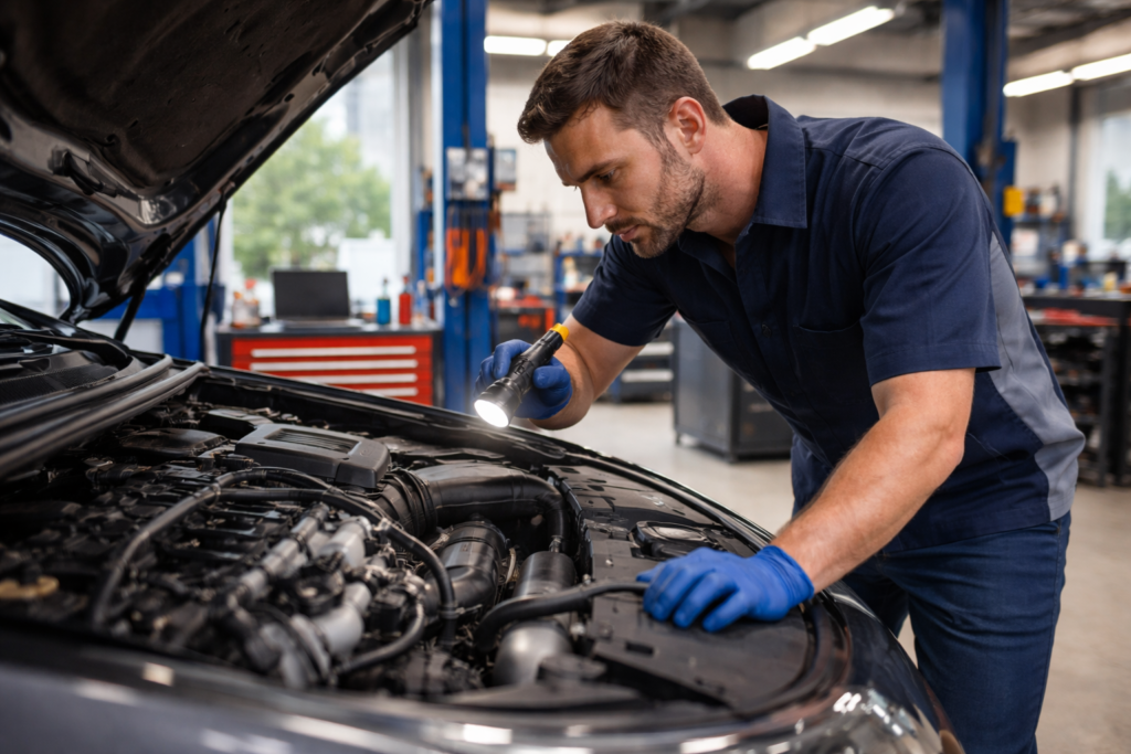 Reliable mechanic inspecting car engine in Stafford TX auto repair shop
