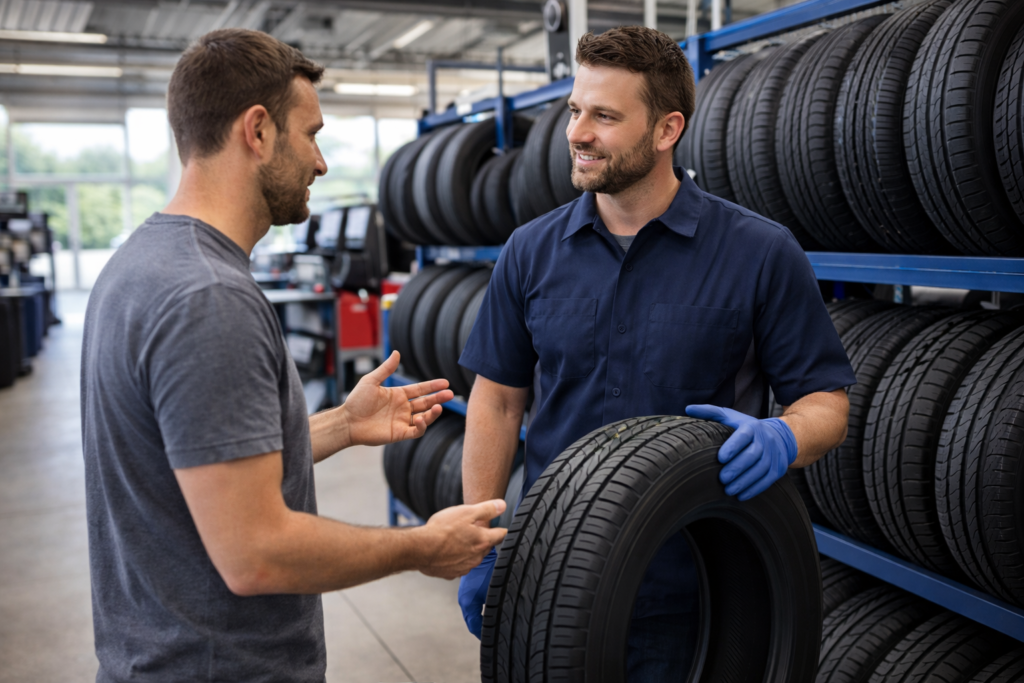 Customer talking to mechanic at tire shop in Stafford TX