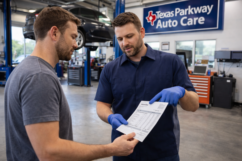 Customer reviewing repair bill with mechanic at tire shop Stafford TX