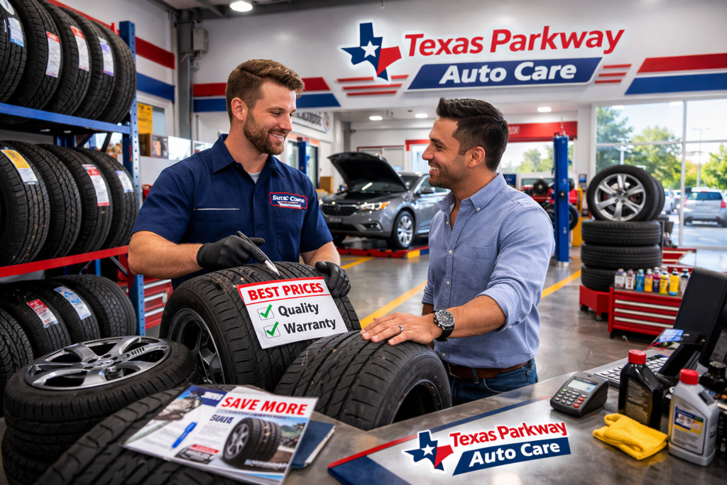 Mechanic helping customer choose affordable tires at tire shop Stafford TX