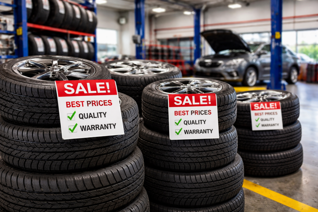 New tires displayed in an auto shop in Stafford TX during seasonal sale