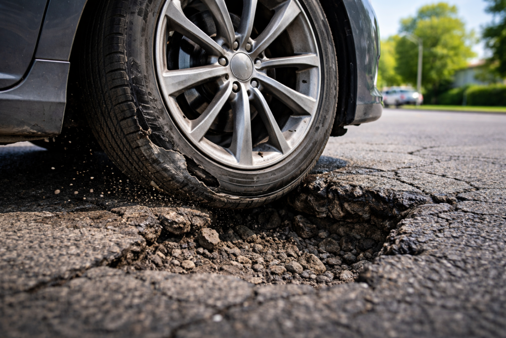 Car tire damaged after hitting a pothole on a road in Stafford TX