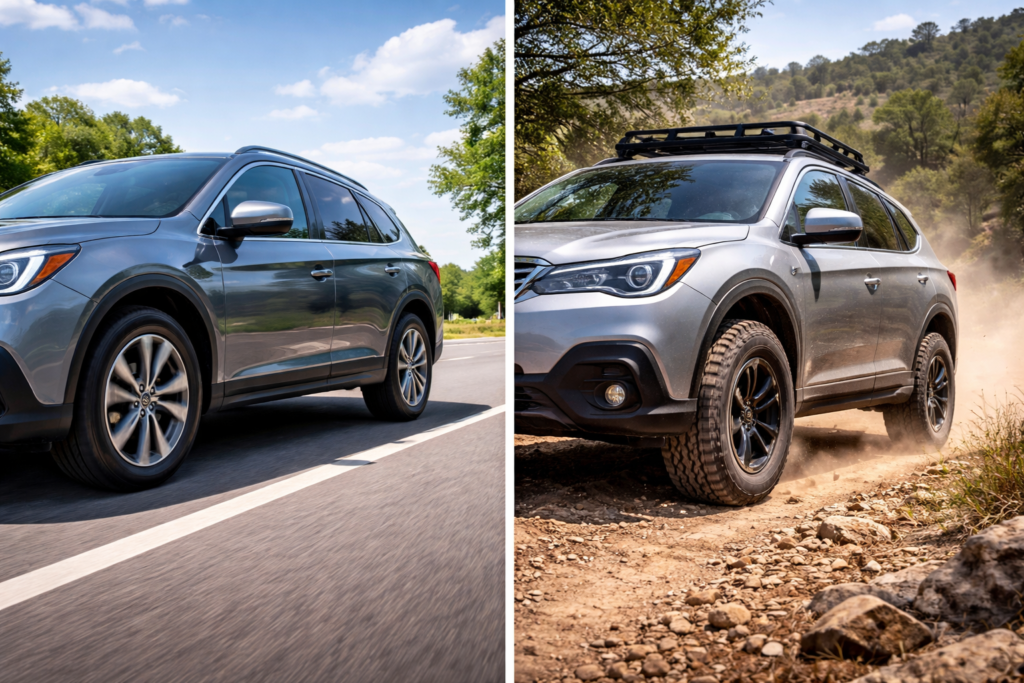 Comparison of all-season and all-terrain tires on a road in Stafford TX