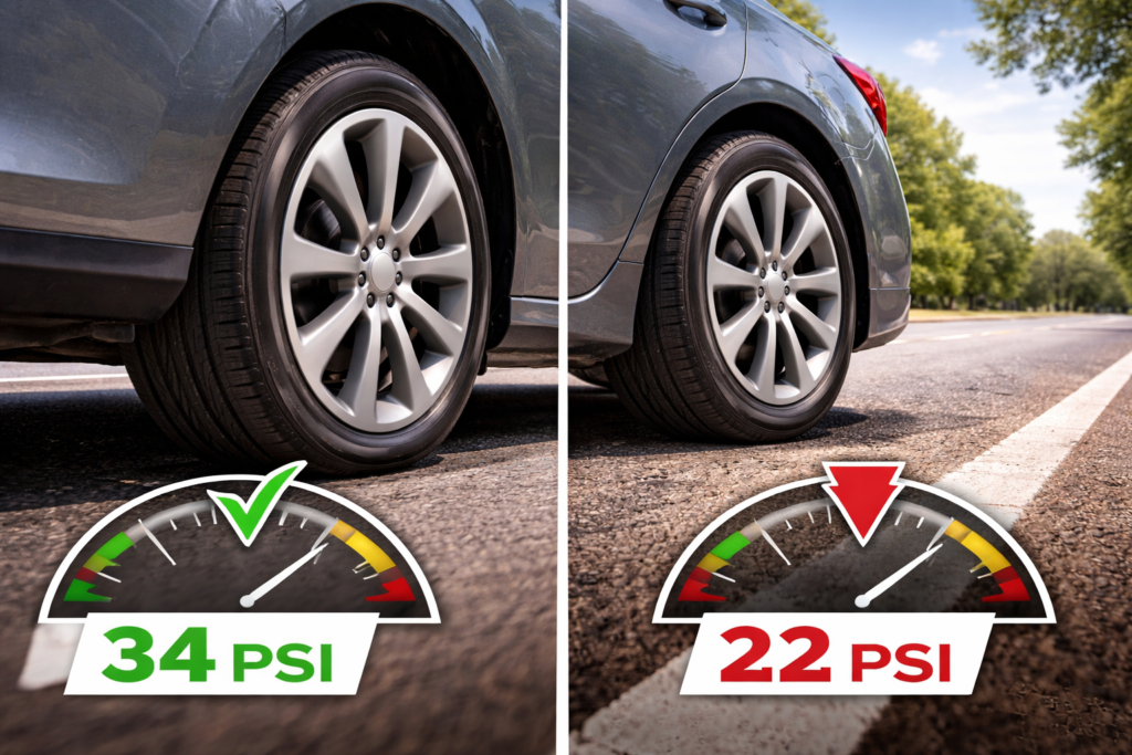 Underinflated tire affecting car fuel efficiency on a road in Stafford TX