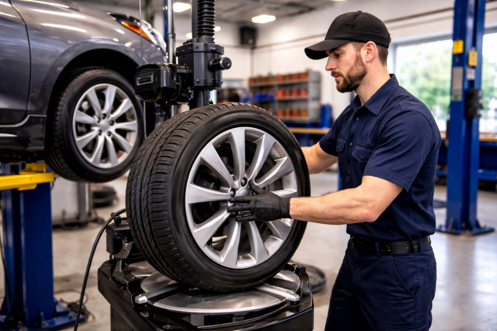 Mechanic installing new tires on a car in Stafford TX auto shop