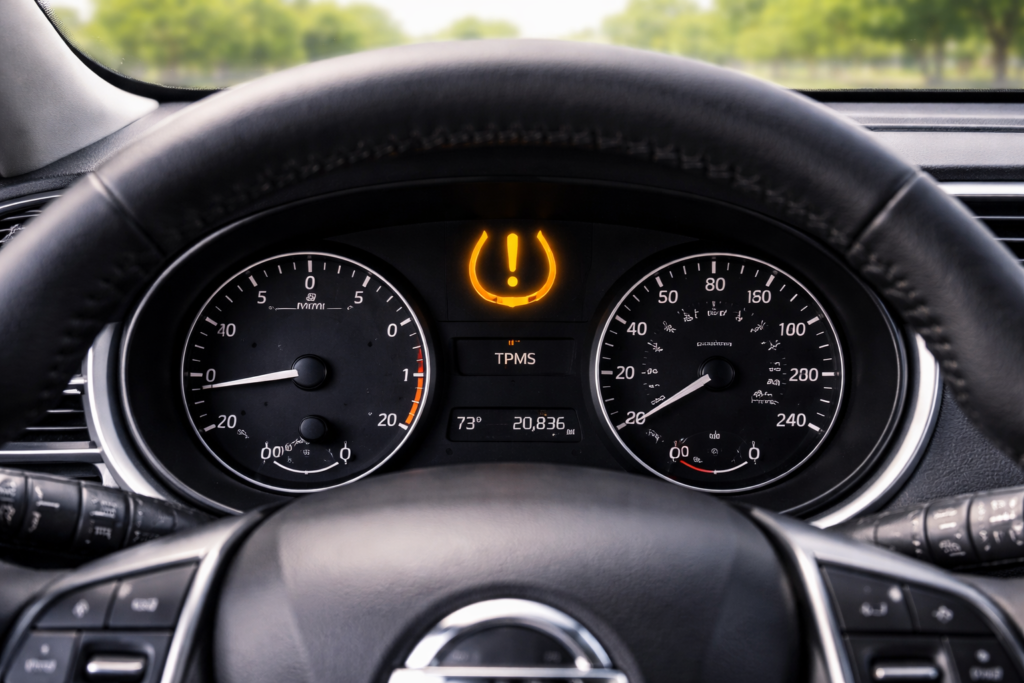 TPMS warning light illuminated on a car dashboard in Stafford TX vehicle