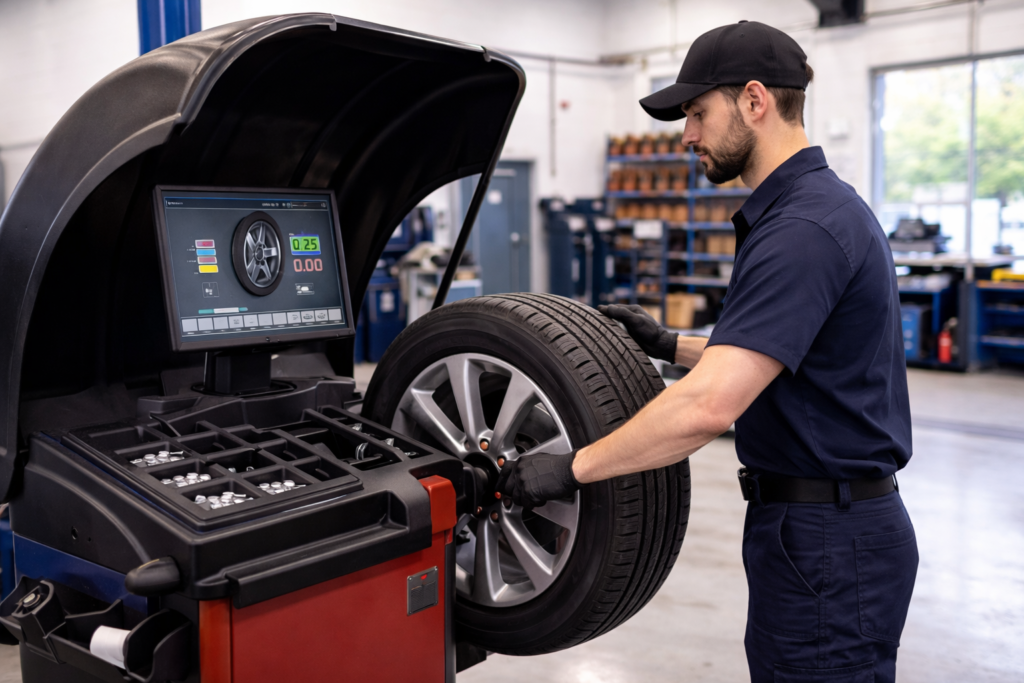 computerized wheel balancing machine in a professional auto repair workshop